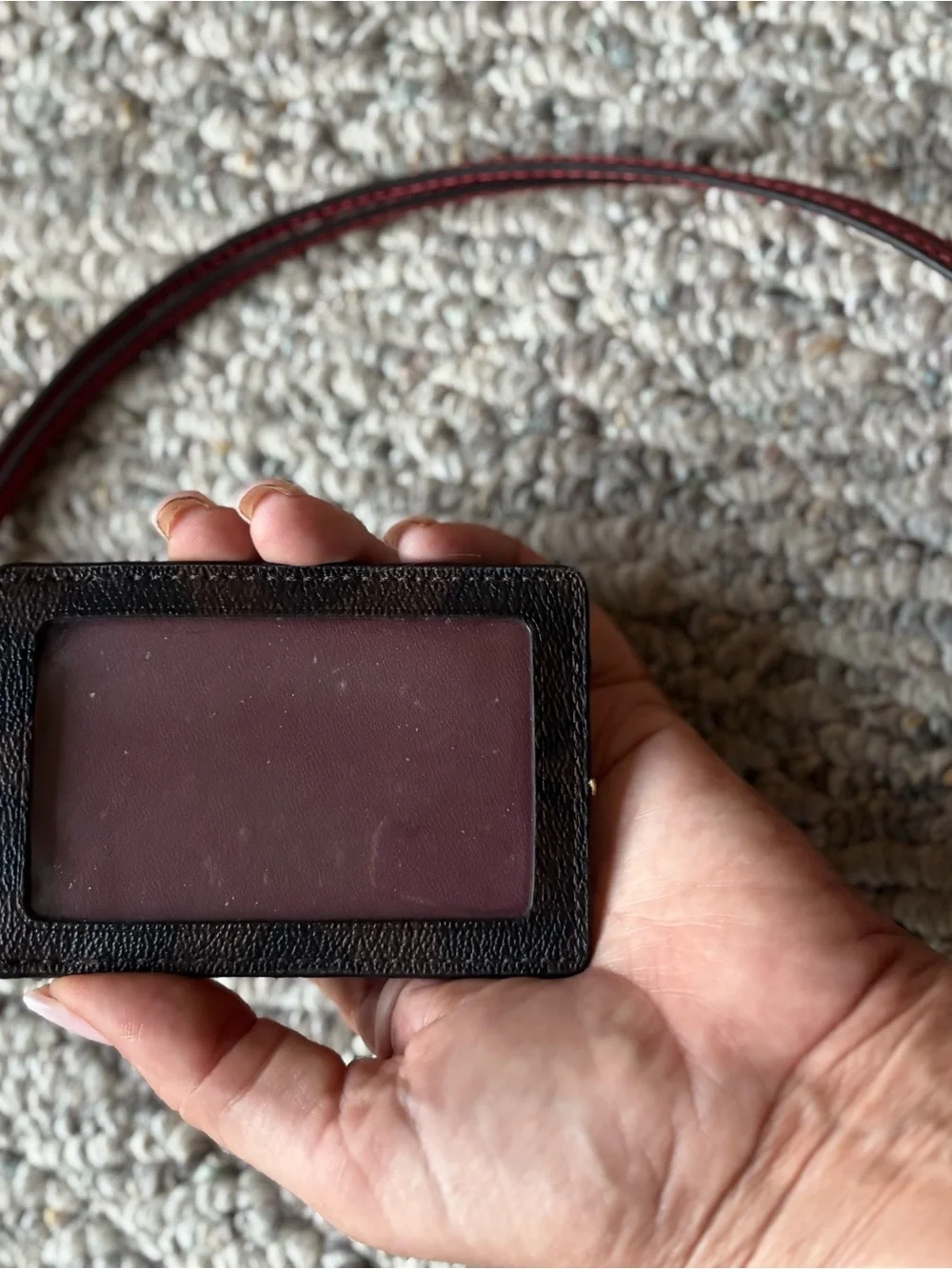 Coach Black Textured Leather Card Holder with Red Trim and Lanyard